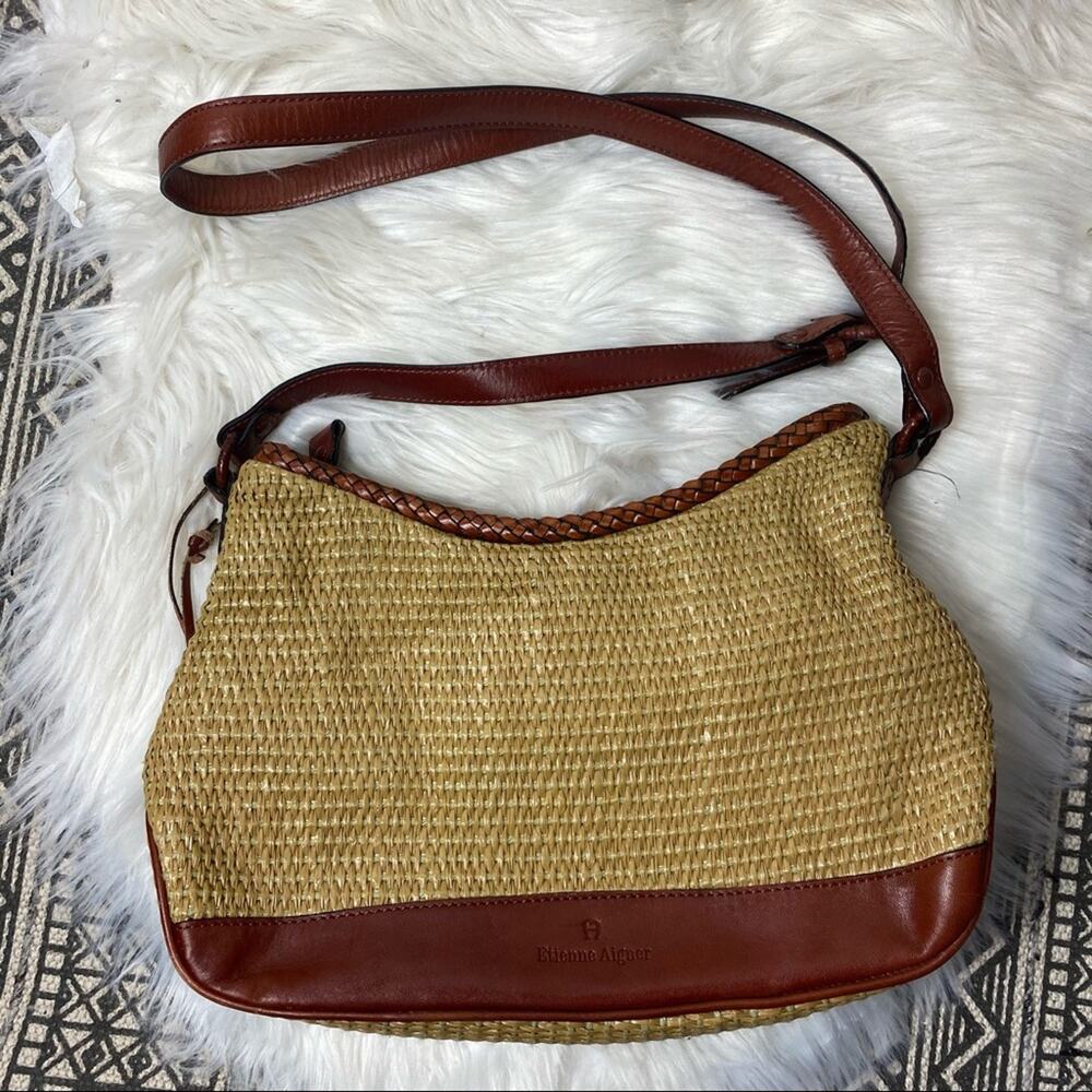 Etienne Aigner woven straw leather purse brown boho